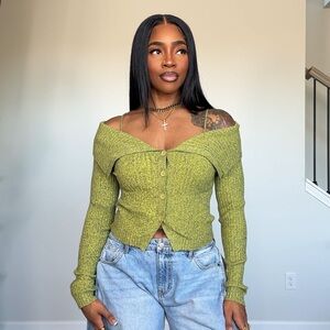 Green Off-Shoulder Button Front Knit Top